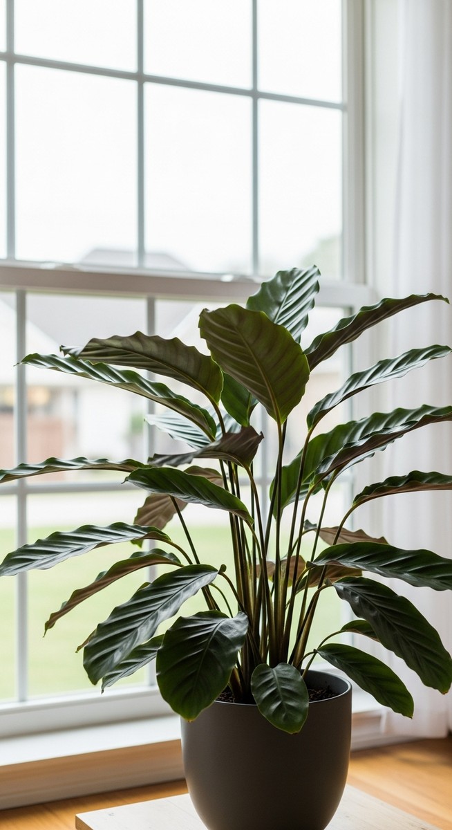 a calathea plant in a pot near a bright window