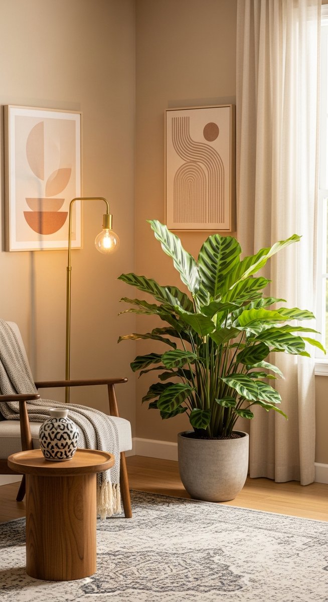 a large thriving calathea plant as a living room focal point, for calathea rosy roseopicta