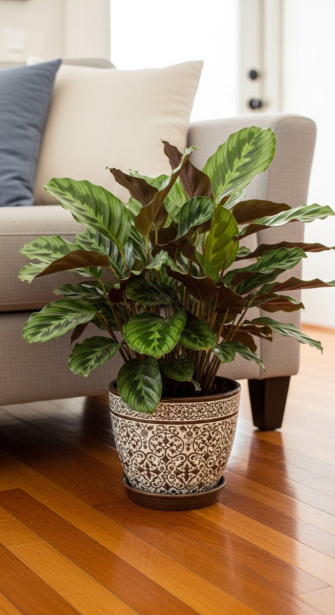 a calathea plant in a decorative pot on a wooden floor