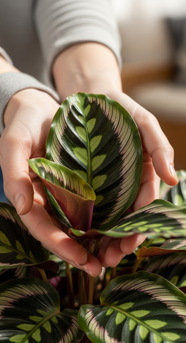hands touching the leaves of a healthy calathea plant
