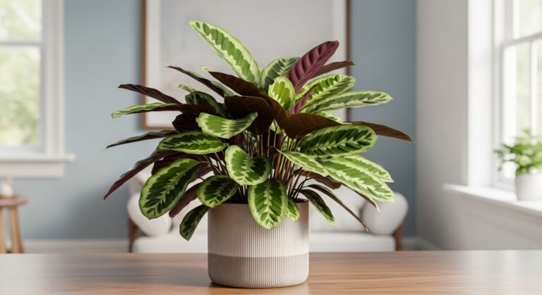 a healthy calathea plant displayed in a bright modern living room, for calathea rosy roseopicta