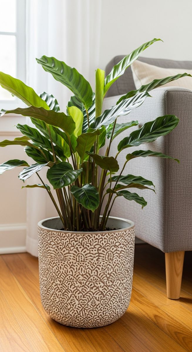 a calathea plant in a decorative pot on a wooden floor