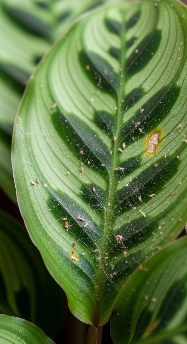 close-up of a calathea leaf showing webbing from spider mites