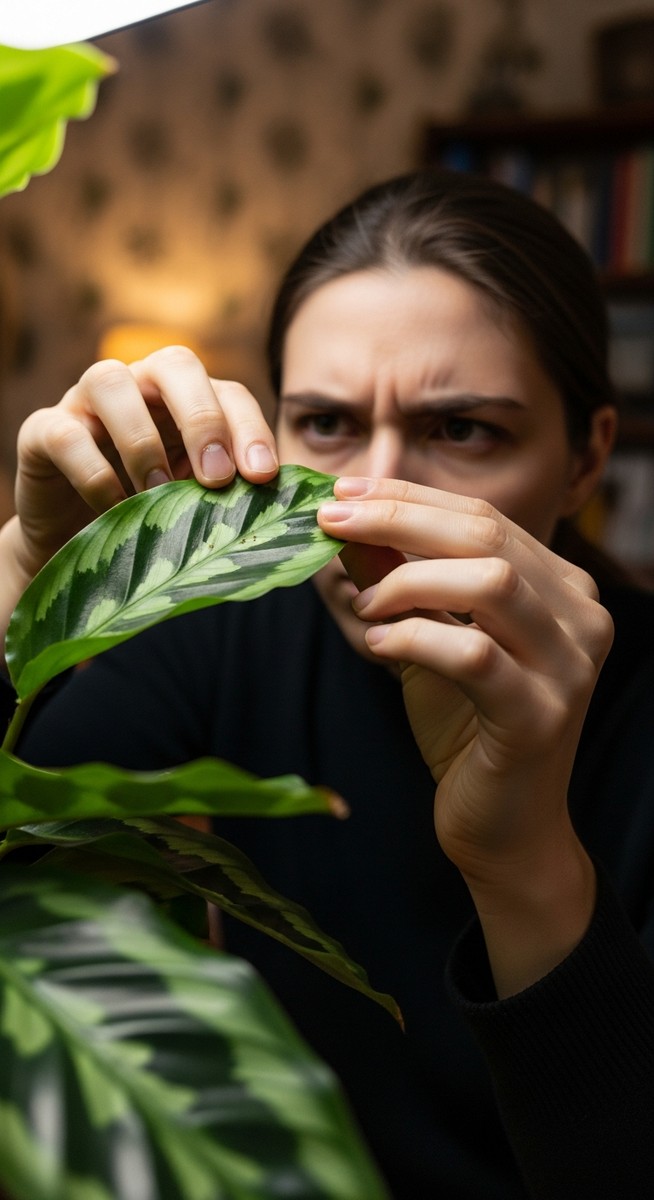 a person inspecting a calathea plant for signs of pest infestation, for calathea spider mites