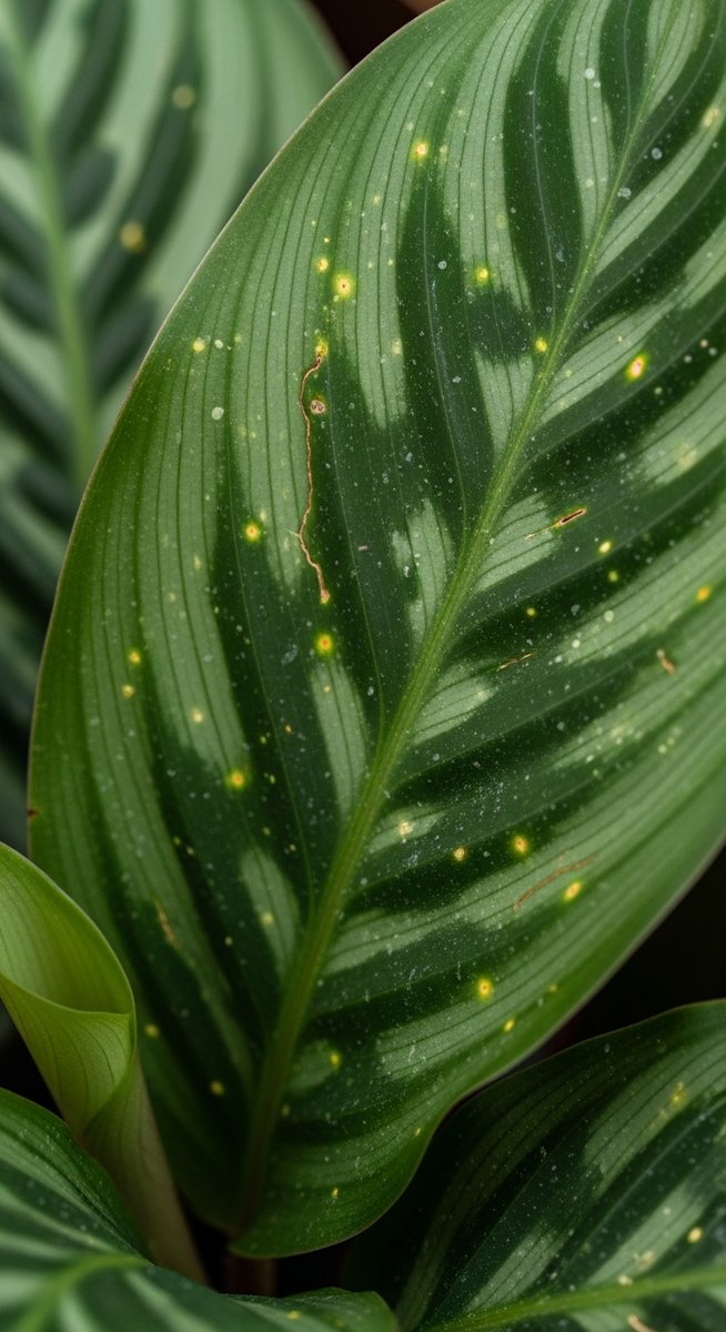 close-up of calathea leaves showing stippling from pest damage
