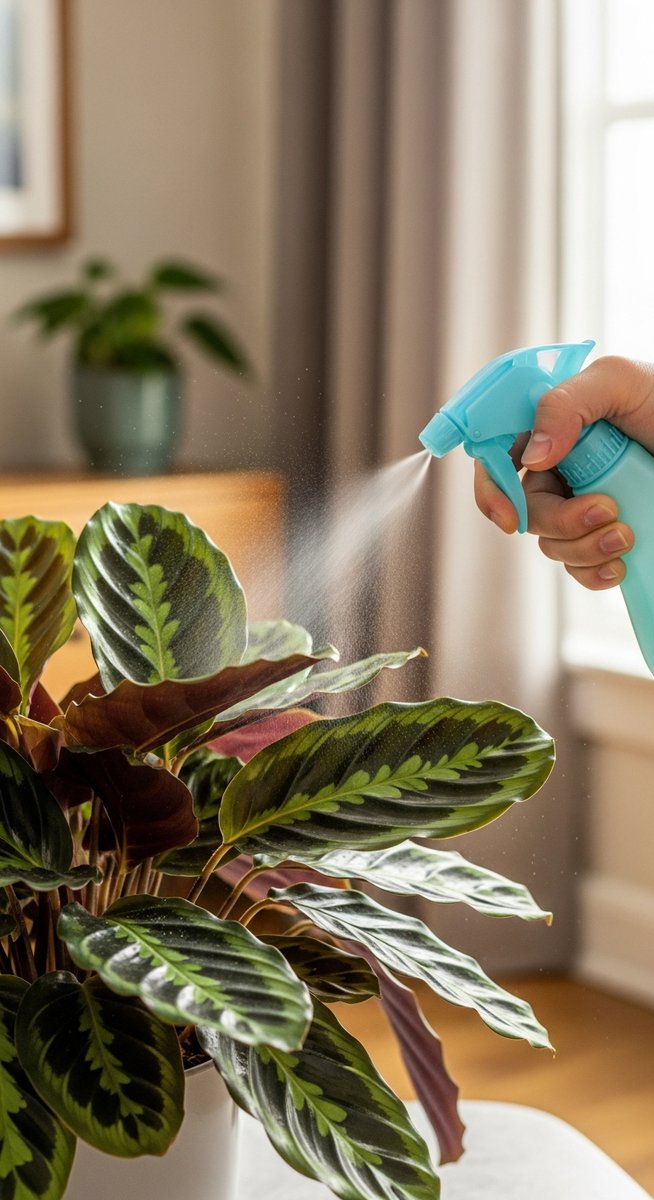 a calathea plant being treated with a spray bottle for pests, for calathea spider mites