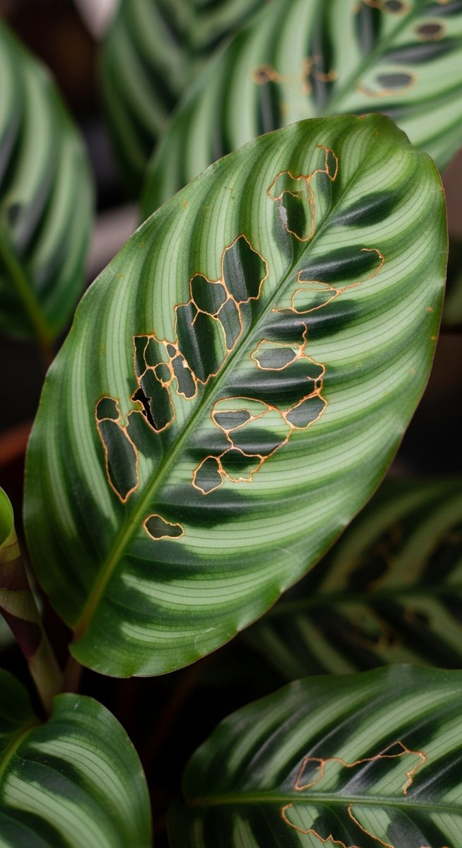 close-up of pest damage on a calathea leaf