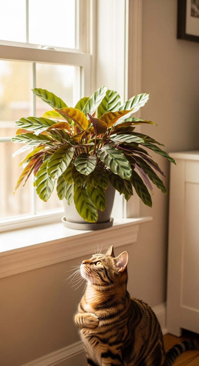 a calathea plant on a windowsill with a cat looking up at it