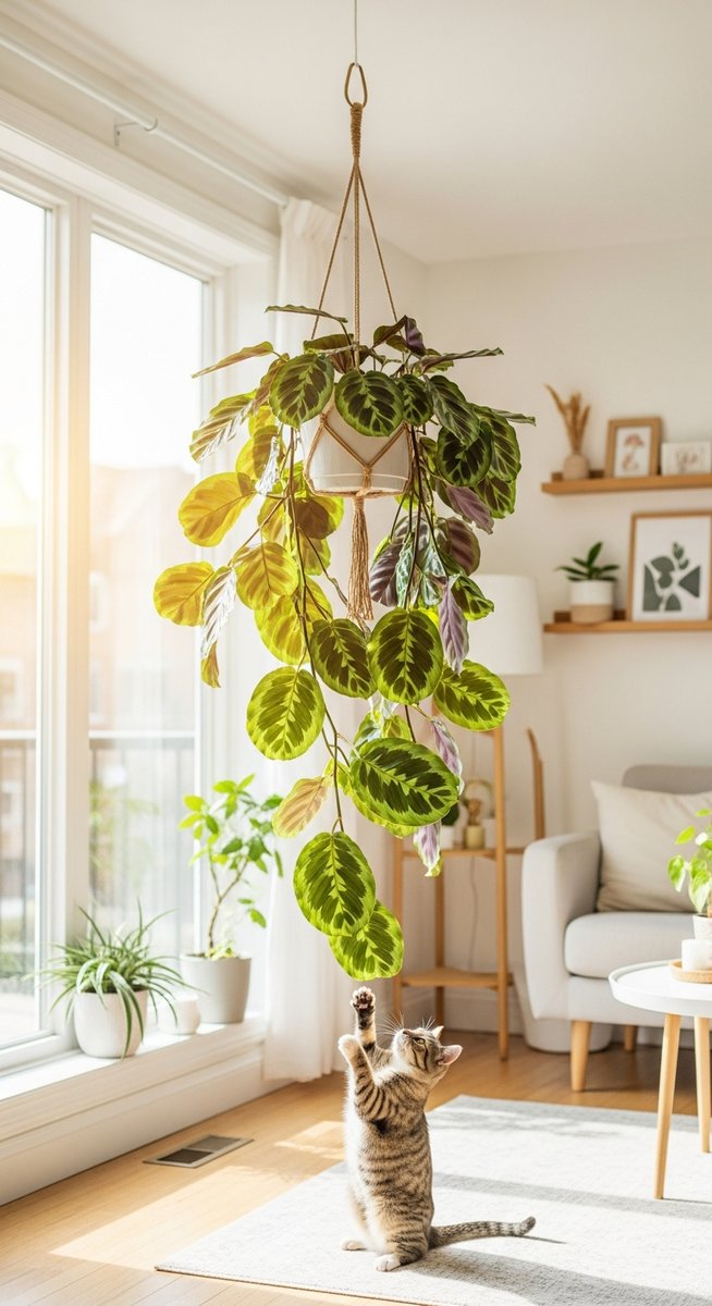 a calathea plant in a hanging pot away from a pet below