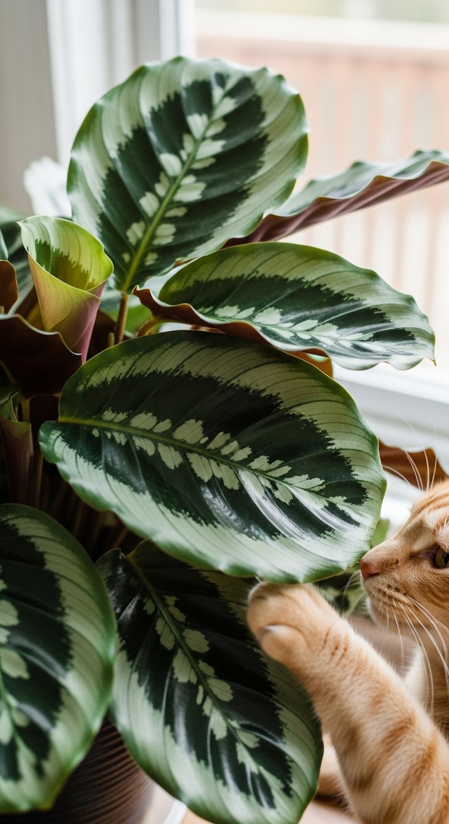close-up of calathea leaves with a cat nearby, for calathea toxic cats