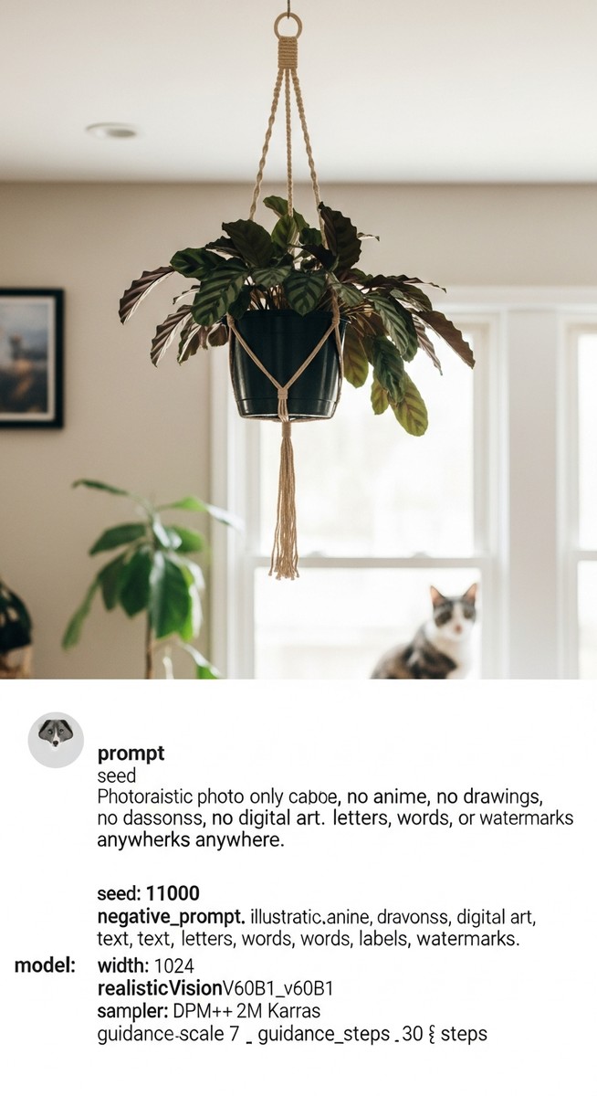 a calathea plant in a hanging pot away from a pet below