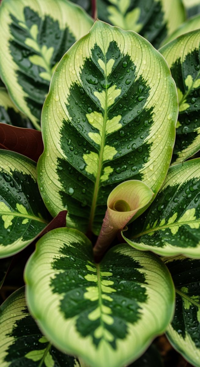 close-up of calathea leaves showing the characteristic colour and pattern