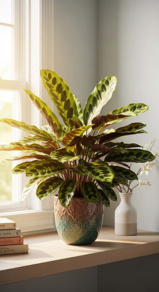 a calathea plant in a decorative pot on a shelf, for calathea types