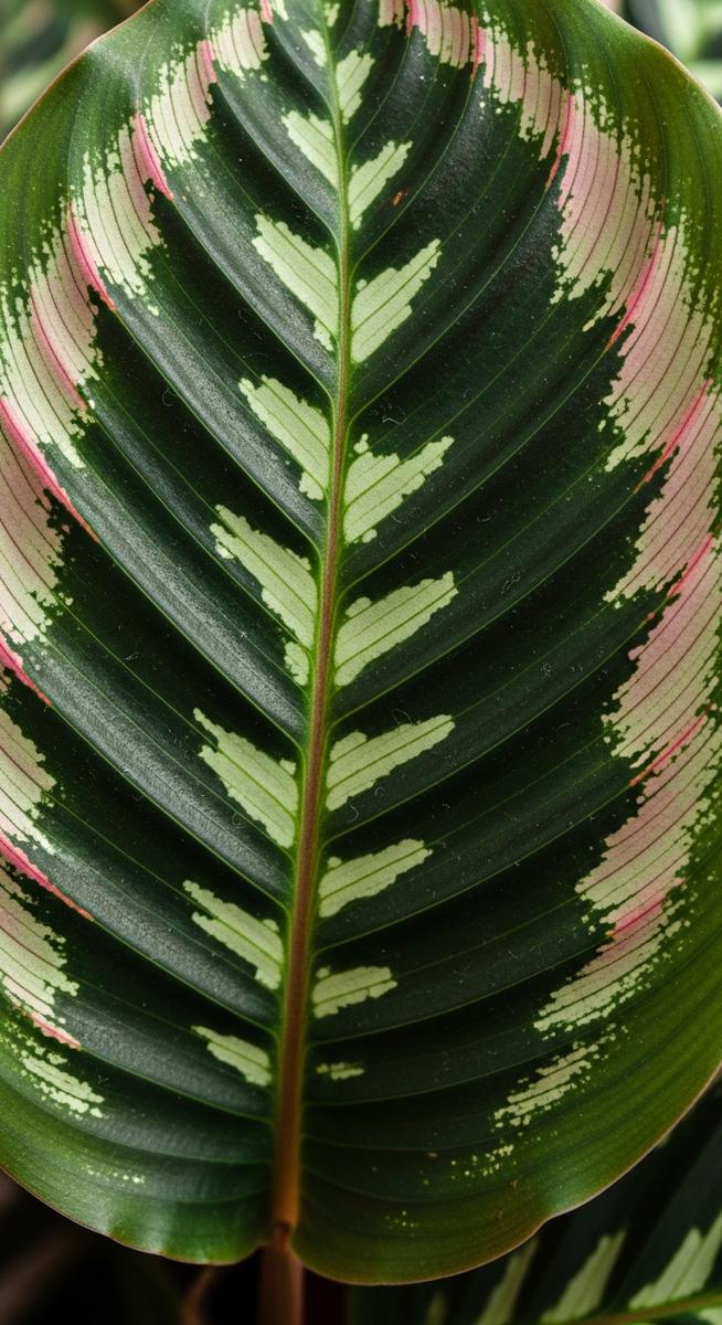 close-up of a single calathea leaf showing its full pattern and colour, for calathea types