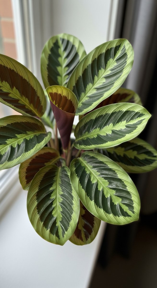 a calathea plant in natural light showing its variety-specific markings