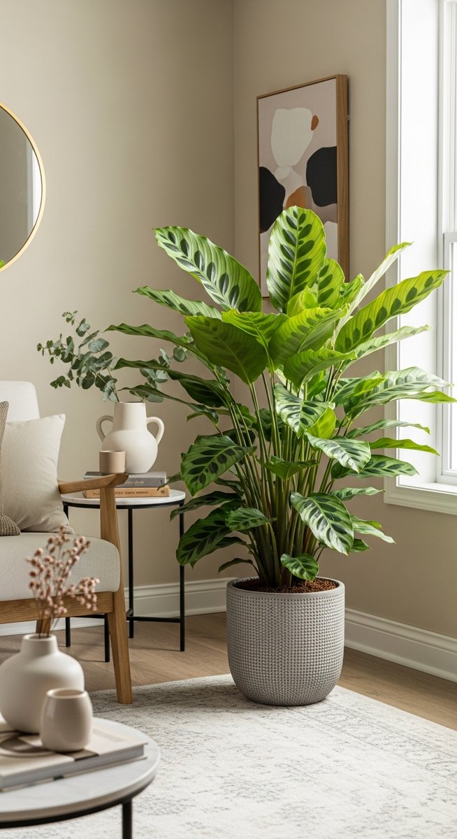 a large thriving calathea plant as a living room focal point, for calathea warscewiczii