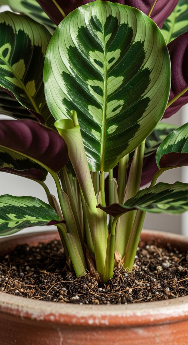 close-up of the base and lower leaves of a calathea plant, for calathea warscewiczii