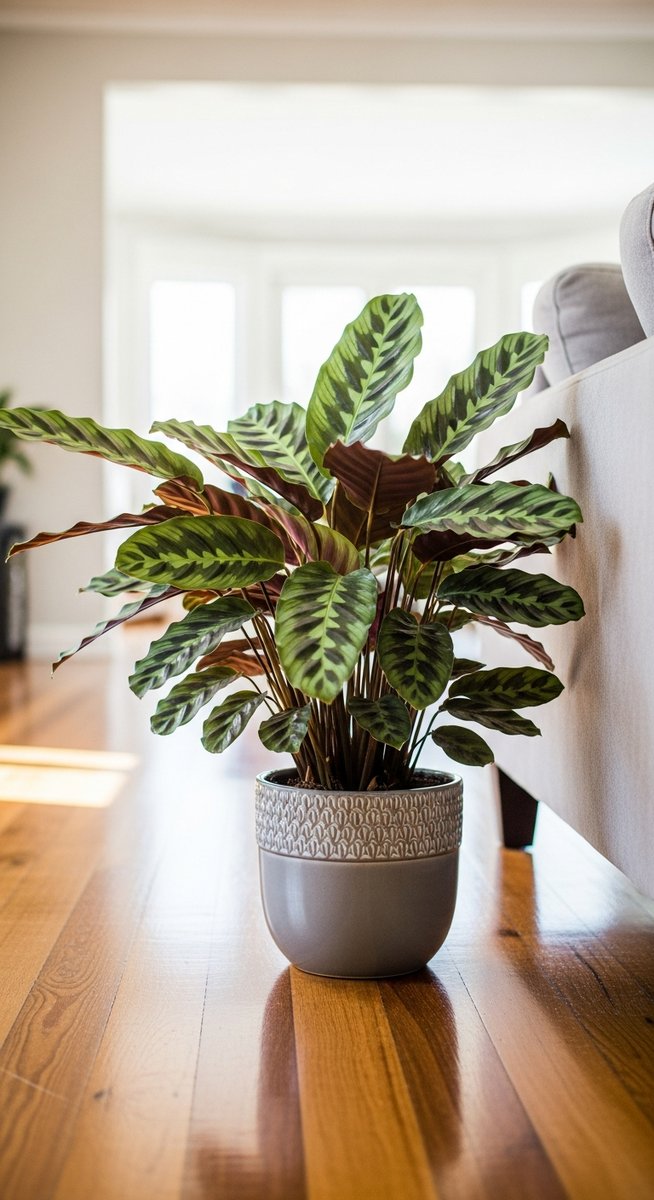 a calathea plant in a decorative pot on a wooden floor