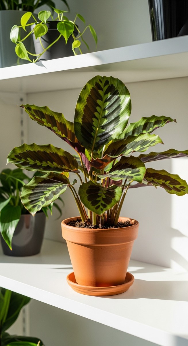 a lush calathea plant in a terracotta pot on a white shelf