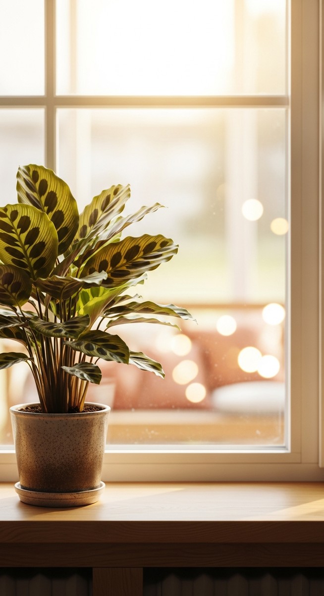a calathea plant in a pot near a bright window
