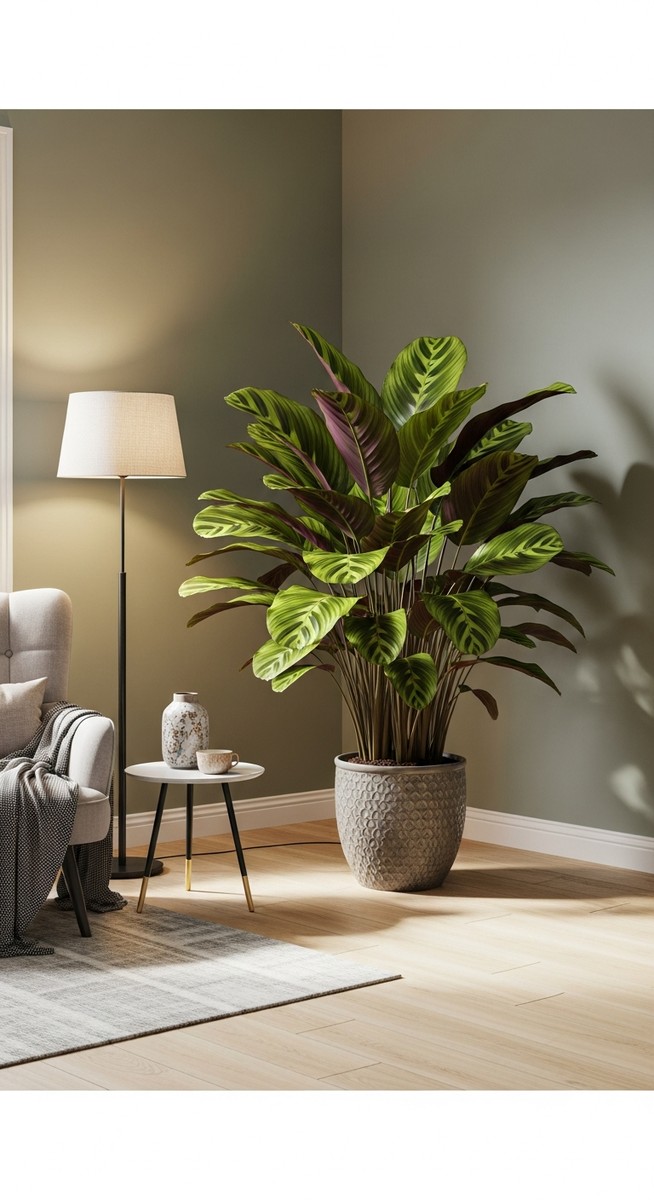 a large thriving calathea plant as a living room focal point, for calathea white fusion