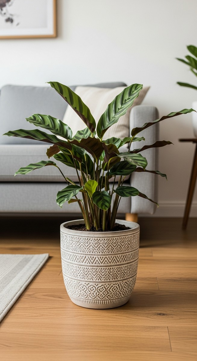 a calathea plant in a decorative pot on a wooden floor