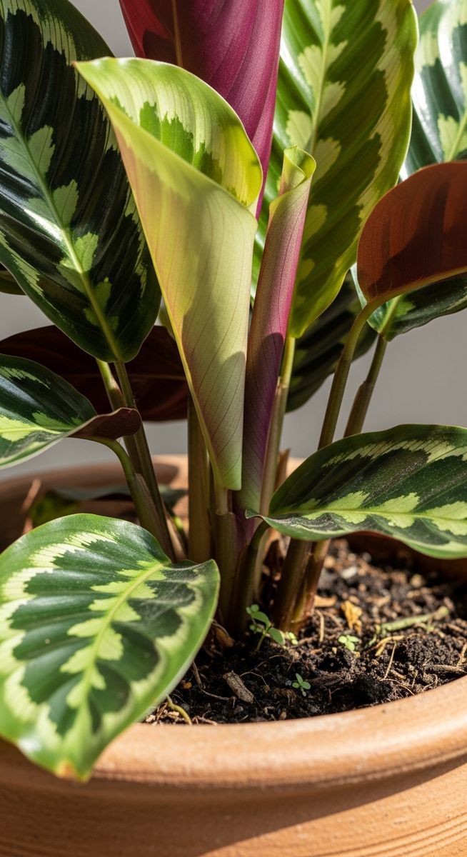close-up of the base and lower leaves of a calathea plant, for calathea white fusion