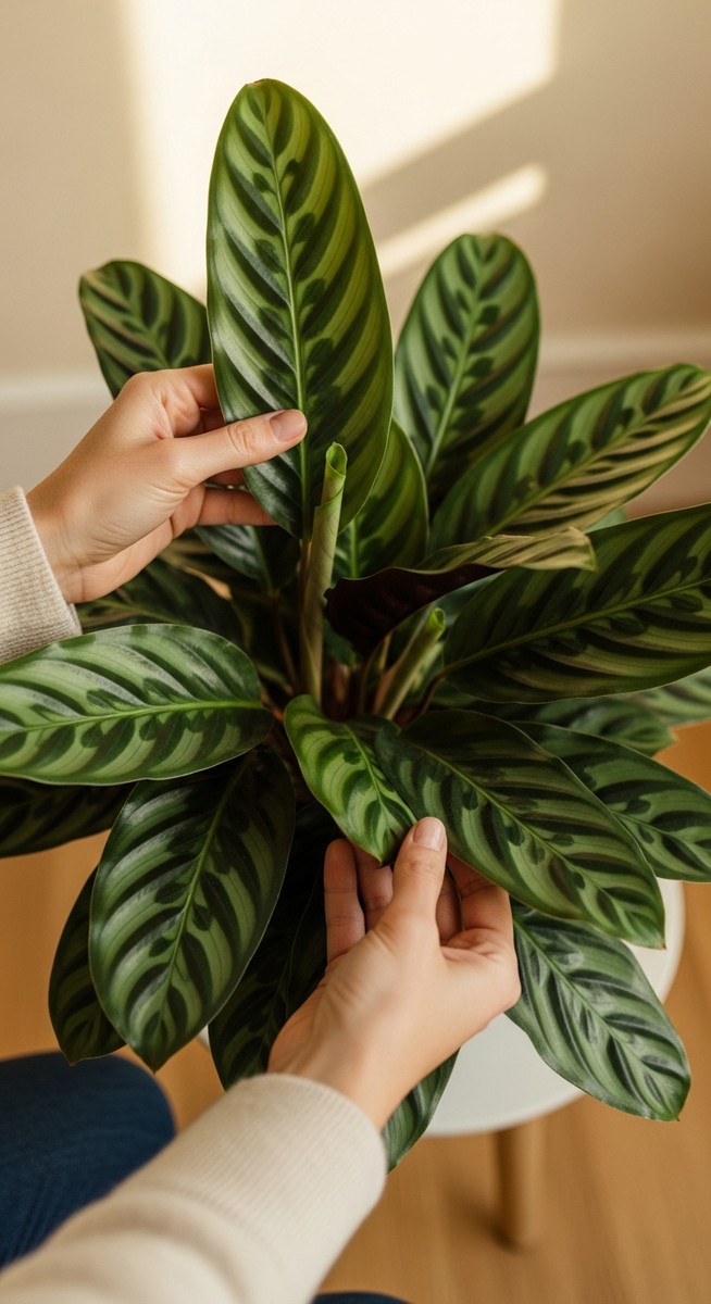 hands touching the leaves of a healthy calathea plant
