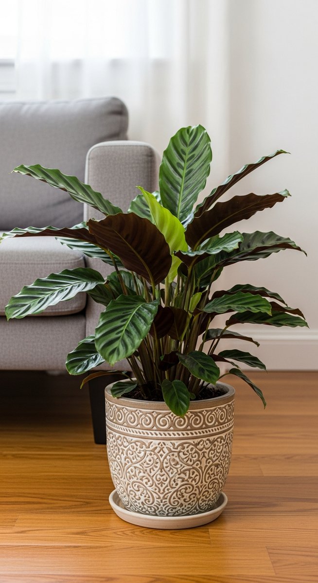 a calathea plant in a decorative pot on a wooden floor