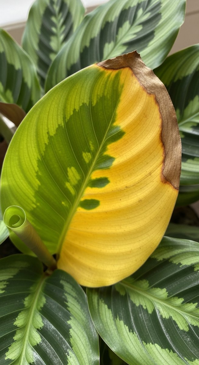 close-up of a yellowing calathea leaf against healthy green leaves