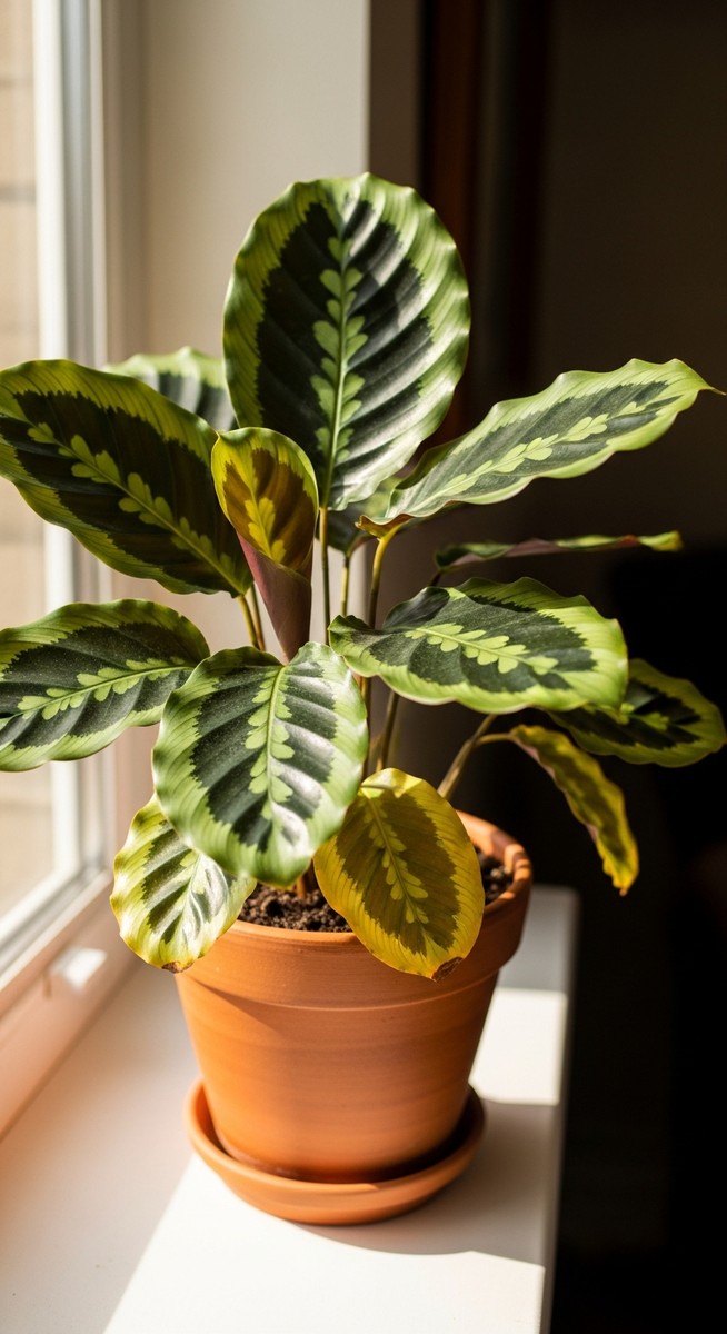 a calathea plant with yellow lower leaves on a windowsill, for calathea yellow leaves