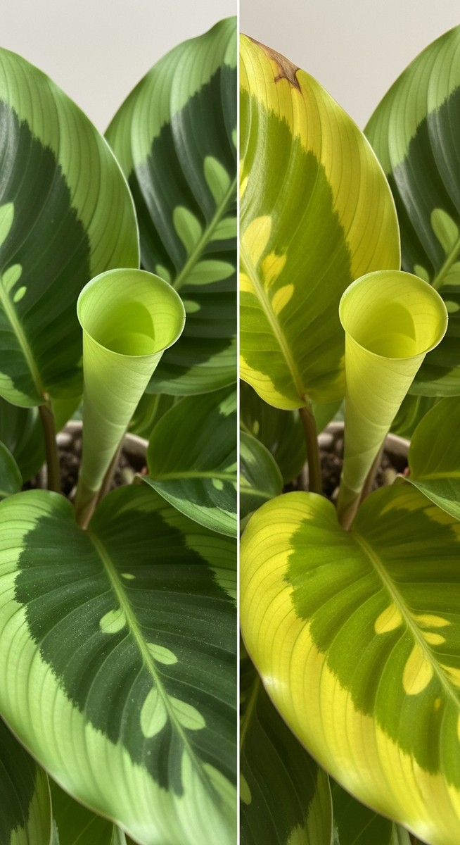 a healthy green calathea leaf next to a yellowing one for comparison