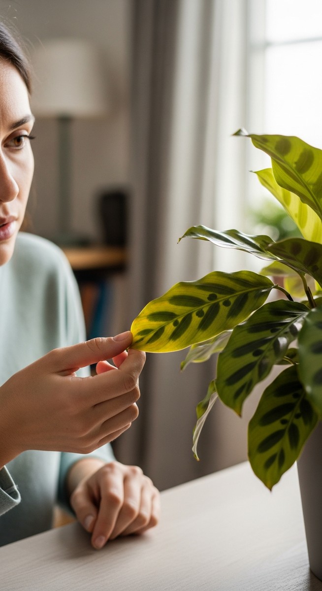 a person examining yellow leaves on a calathea plant, for calathea yellow leaves