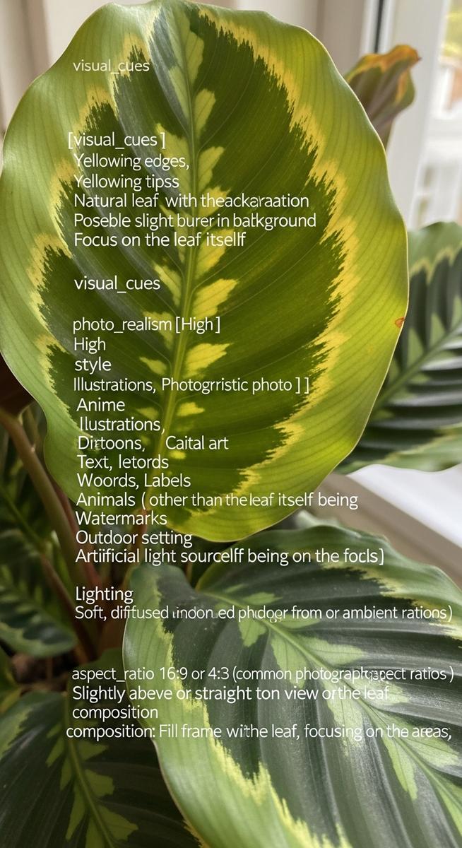 close-up of a calathea leaf with yellowing edges and tips