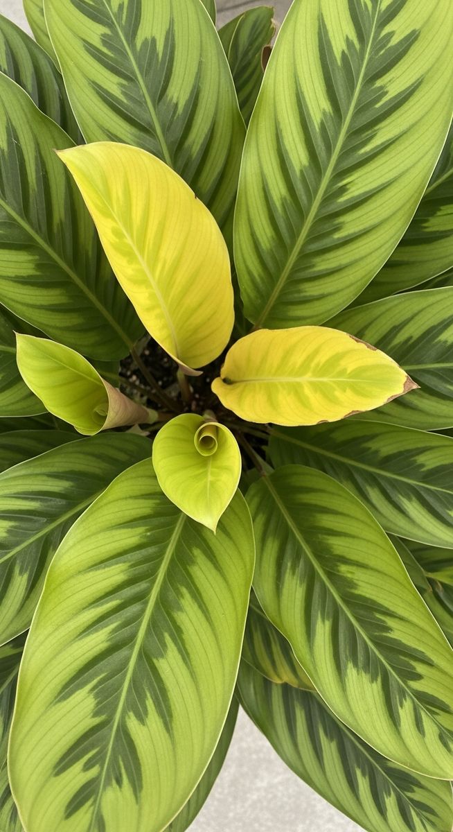 overhead view of a calathea plant with yellow leaves among the green