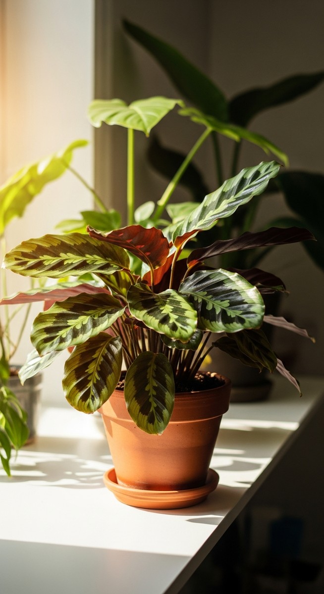 a lush calathea plant in a terracotta pot on a white shelf