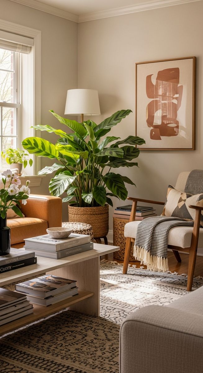 a large thriving calathea plant as a living room focal point, for calathea zebrina