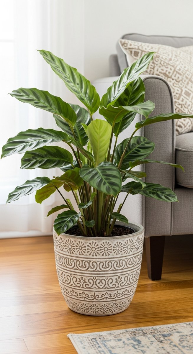 a calathea plant in a decorative pot on a wooden floor