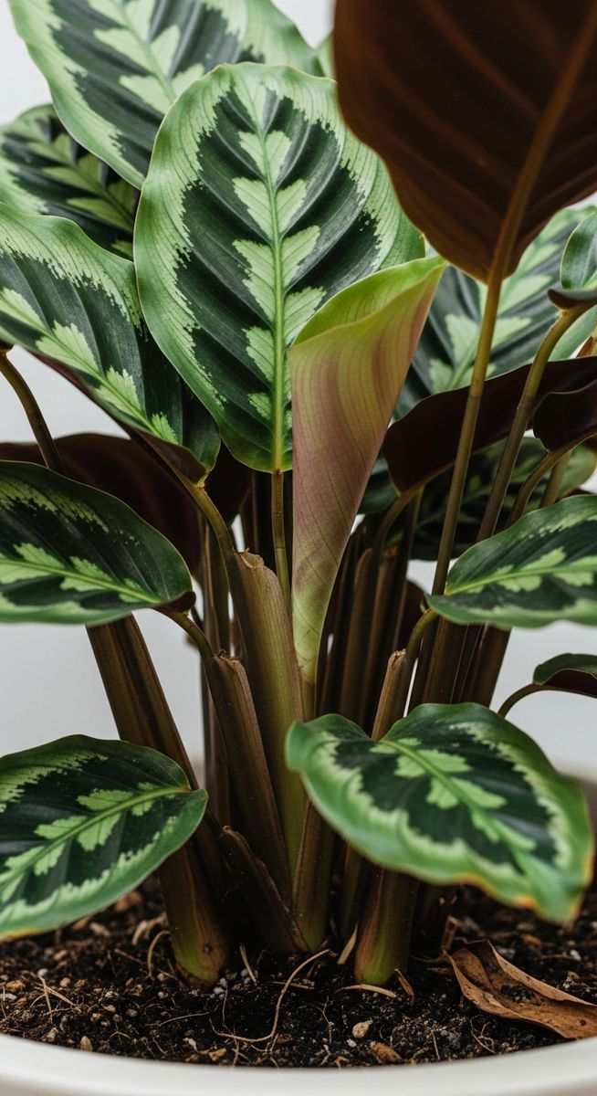 close-up of the base and lower leaves of a calathea plant, for calathea zebrina