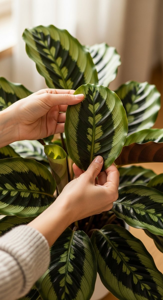 hands touching the leaves of a healthy calathea plant
