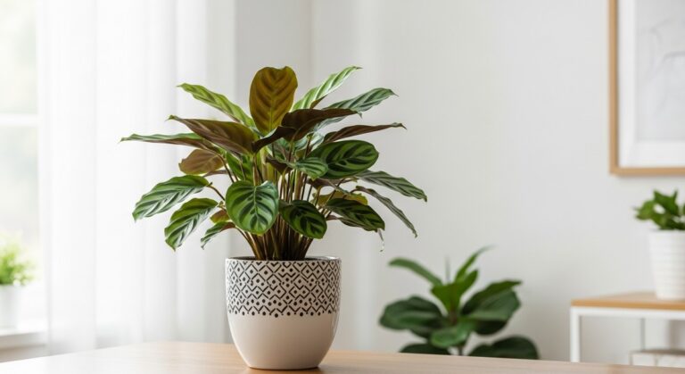 a healthy calathea plant displayed in a bright modern living room, for calathea zebrina