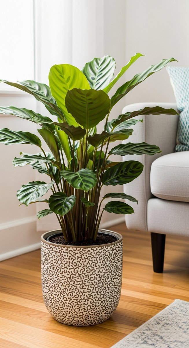 a calathea plant in a decorative pot on a wooden floor