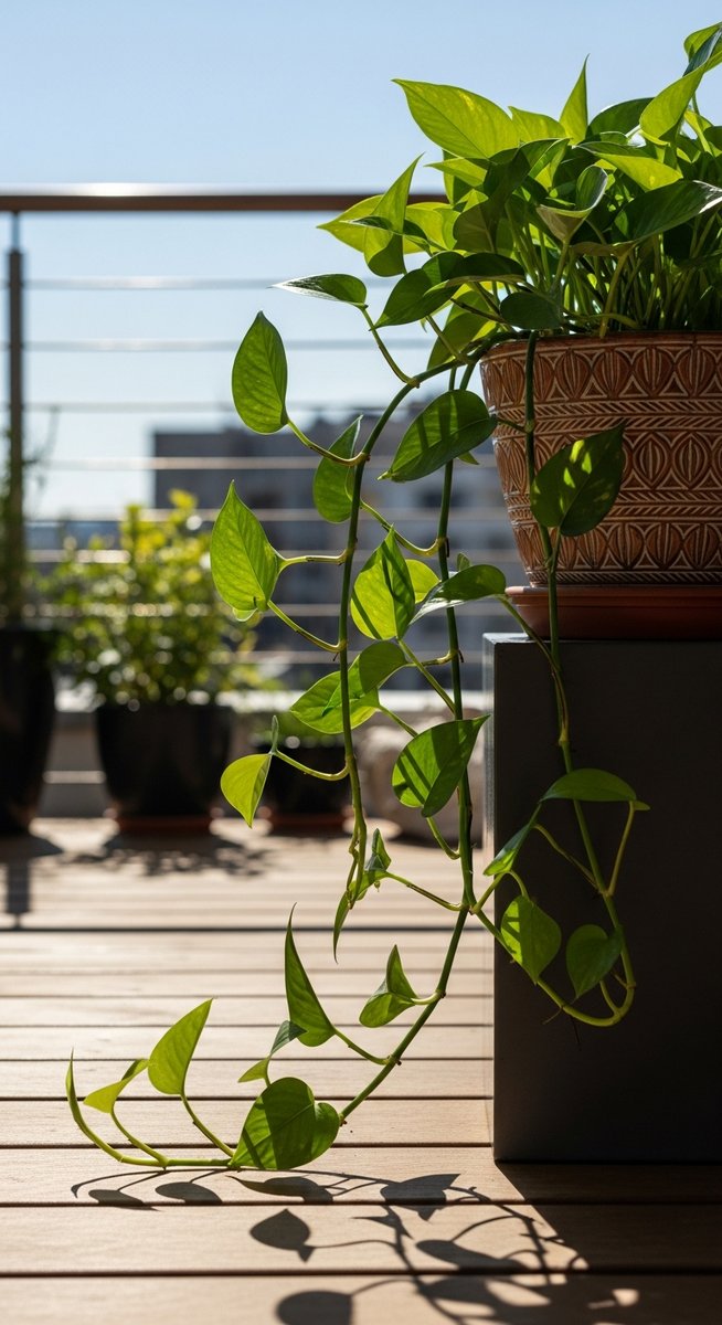 A pothos houseplant in a decorative pot sitting on a sunny balcony, for can pothos live outside