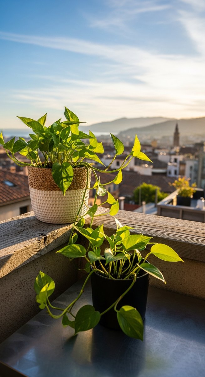 A pothos houseplant in a decorative pot sitting on a sunny balcony, for can pothos live outside
