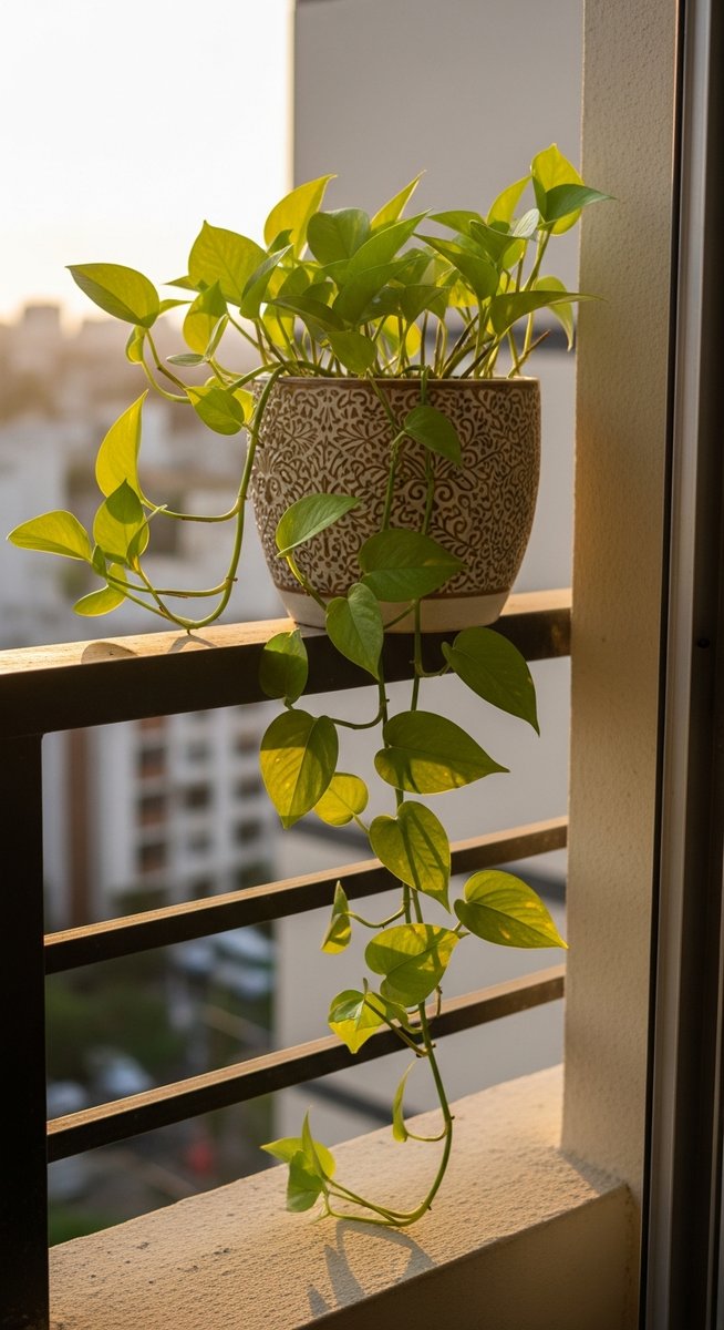 A pothos houseplant in a decorative pot sitting on a sunny balcony