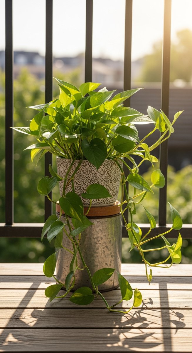 A pothos houseplant in a decorative pot sitting on a sunny balcony, for can pothos live outside