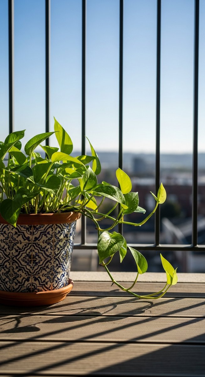 A pothos houseplant in a decorative pot sitting on a sunny balcony