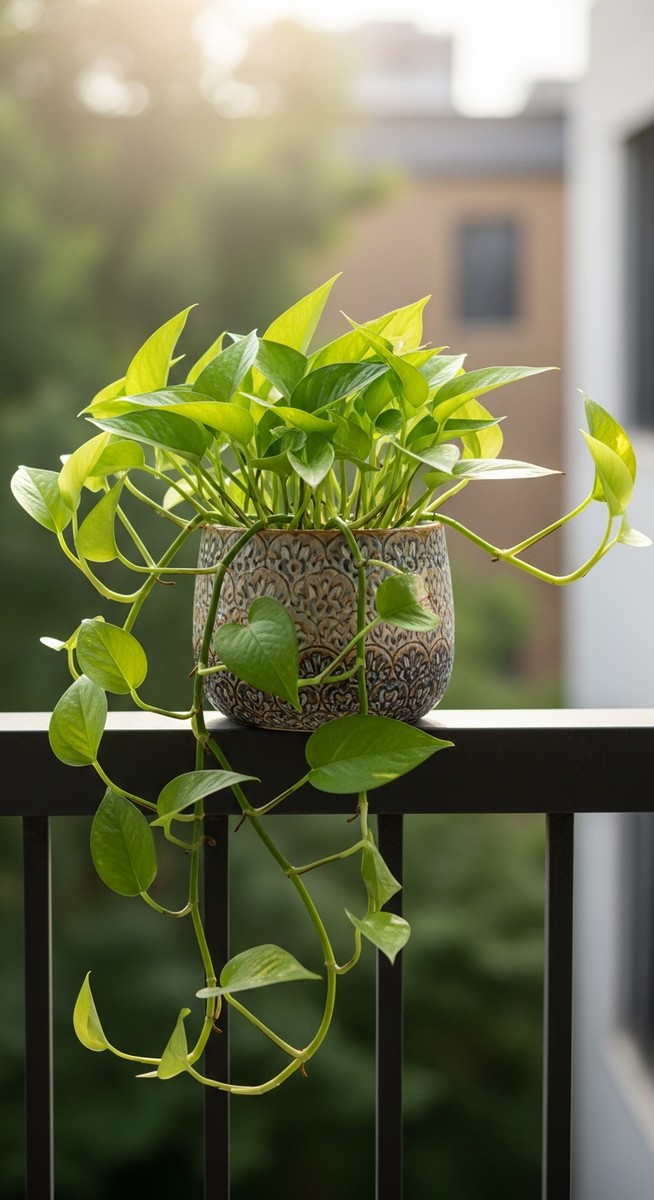 A pothos houseplant in a decorative pot sitting on a sunny balcony, for can pothos live outside