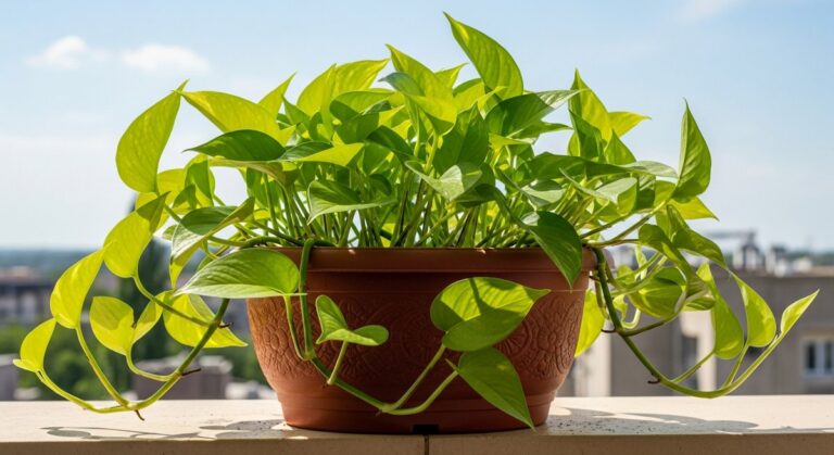 A pothos houseplant in a decorative pot sitting on a sunny balcony, for can pothos live outside