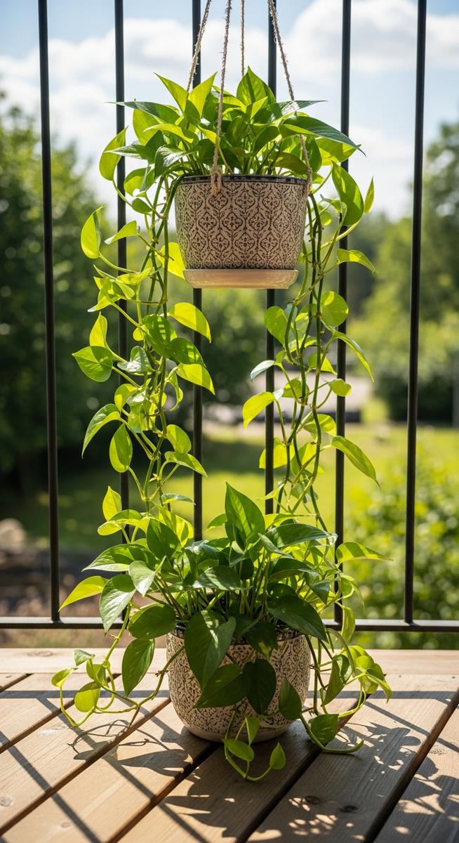 A pothos houseplant in a decorative pot sitting on a sunny balcony